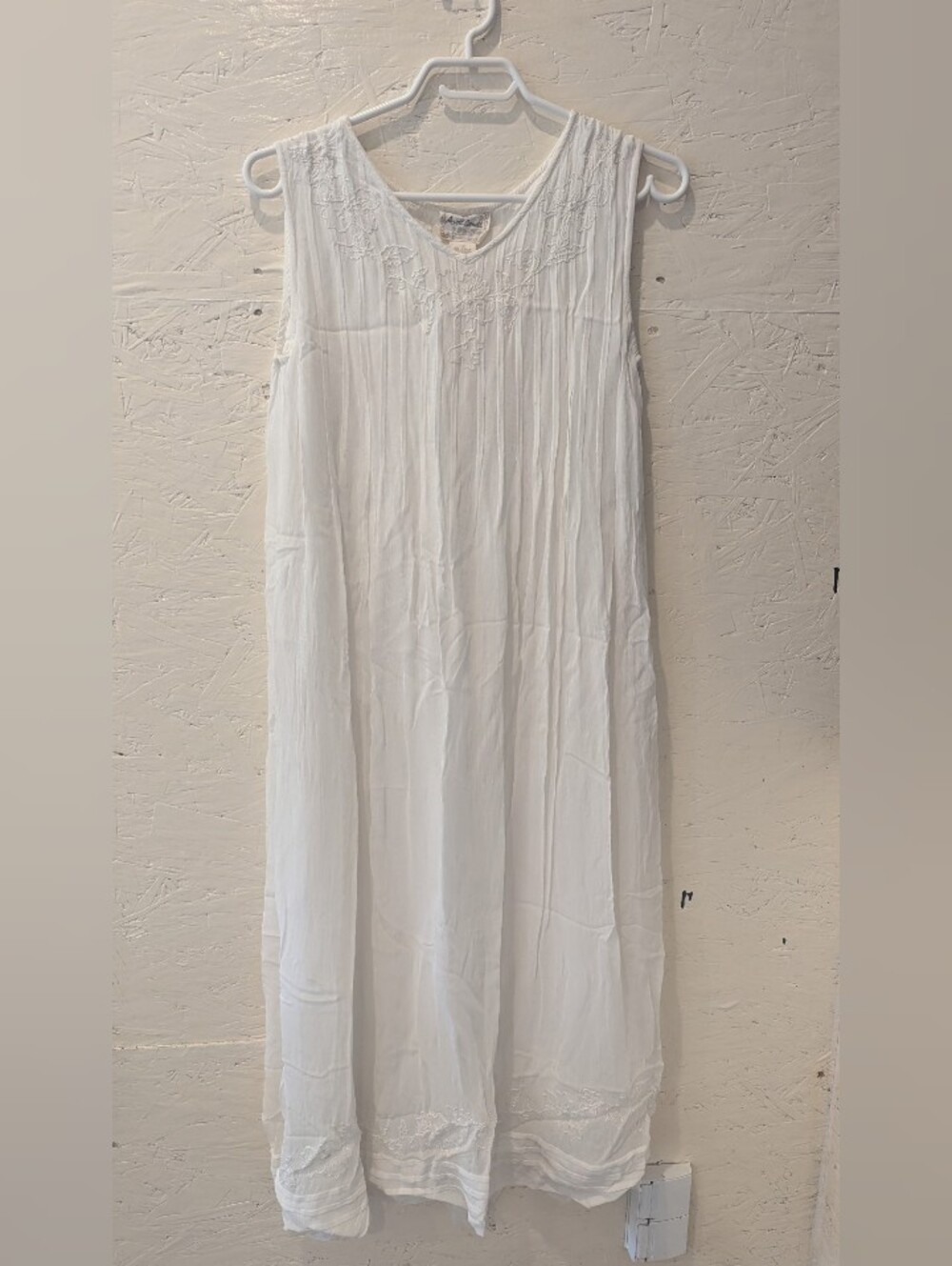 April Cornell White Sleeveless Cotton Slip Dress with Embroidered Yoke
